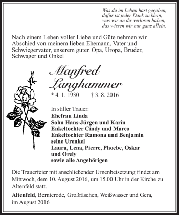 Traueranzeige von Manfred Langhammer von Südthüringer Presse
