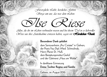 Traueranzeige von Ilse Riese von Südthüringer Presse