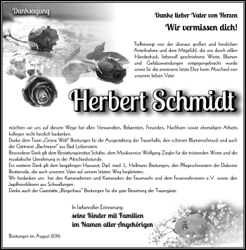 Traueranzeige von Herbert Schmidt von Südthüringer Presse