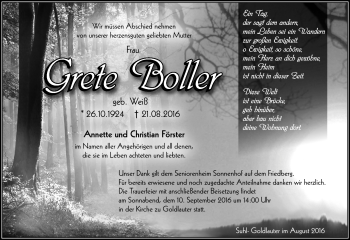 Traueranzeige von Grete Boller von Südthüringer Presse