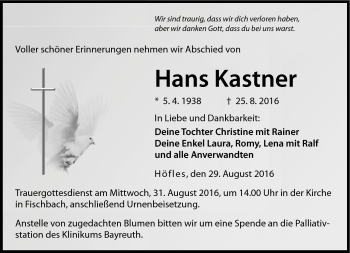Traueranzeige von HZans Kastner von Neue Presse Coburg