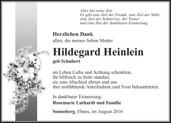 Traueranzeige von Hildegard Heinlein von Südthüringer Presse