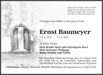 Traueranzeige von Ernst Baumeyer von Südthüringer Presse