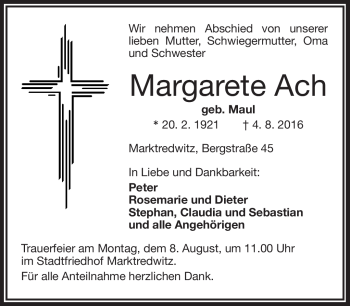 Traueranzeige von Ach Margarete von Frankenpost