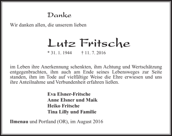Traueranzeige von Lutz Fritsche von Südthüringer Presse