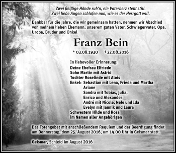 Traueranzeige von Franz Bein von Südthüringer Presse