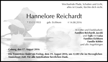Traueranzeige von Hannelore Reichardt von Neue Presse Coburg