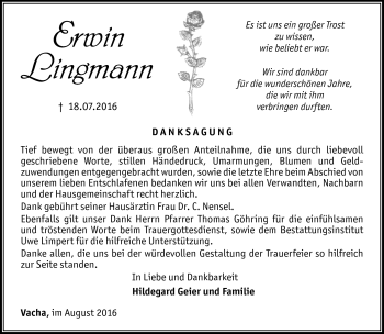 Traueranzeige von Erwin Lingmann von Südthüringer Presse
