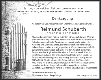 Traueranzeige von Reimund Schubarth von Südthüringer Presse