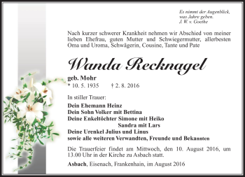 Traueranzeige von Wanda Recknagel von Südthüringer Presse