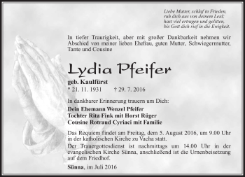 Traueranzeige von Lydia Pfeifer von Südthüringer Presse