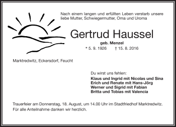 Traueranzeige von Gertrud Haussel von Frankenpost