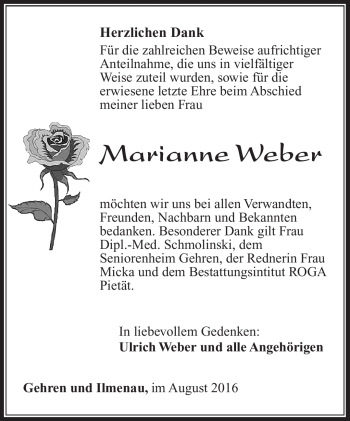 Traueranzeige von Marianne Weber von Südthüringer Presse