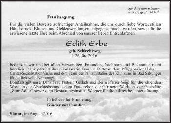 Traueranzeige von Edith Erbe von Südthüringer Presse