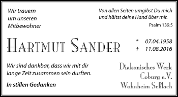 Traueranzeige von Hartmut Sander von Neue Presse Coburg
