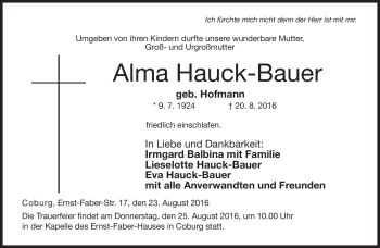 Traueranzeige von Alma Hauck-Bauer von Neue Presse Coburg