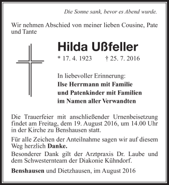 Traueranzeige von Hilda Ußfeller von Südthüringer Presse