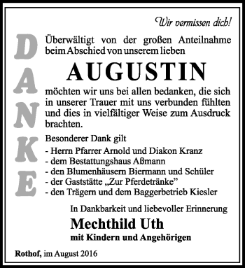 Traueranzeige von Augustin Uth von Südthüringer Presse