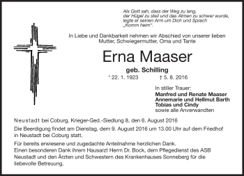 Traueranzeige von Erna Maaser von Neue Presse Coburg