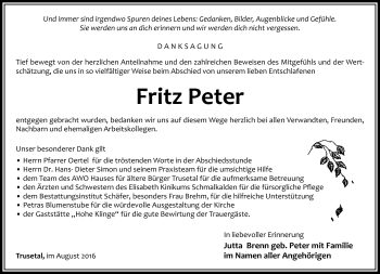 Traueranzeige von Fritz Peter von Südthüringer Presse