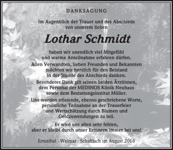 Traueranzeige von Lothar Schmidt von Südthüringer Presse