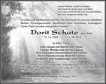 Traueranzeige von Dorit Schatz von Südthüringer Presse