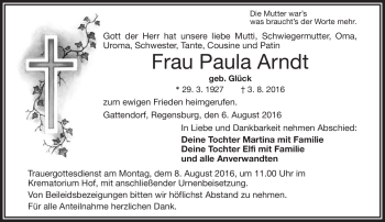 Traueranzeige von Paula Arndt von Frankenpost