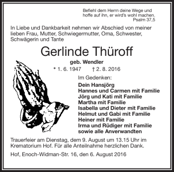 Traueranzeige von Gerlinde Thüroff von Frankenpost