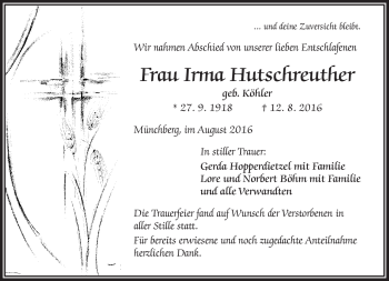 Traueranzeige von Irma Hutschreuther von Frankenpost