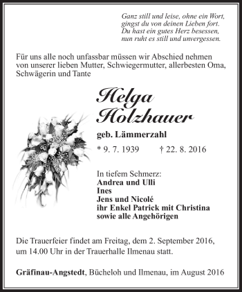 Traueranzeige von Helga Holzhauer von Südthüringer Presse