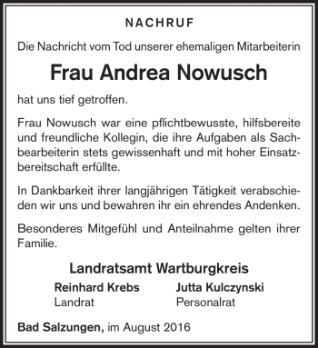 Traueranzeige von Andrea Nowusch von Südthüringer Presse