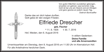 Traueranzeige von Elfriede Drescher von Frankenpost