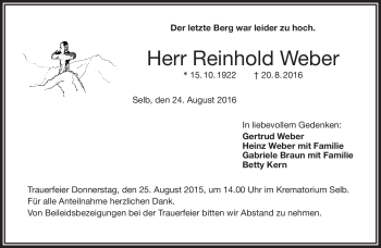 Traueranzeige von Reinhold Weber von Frankenpost