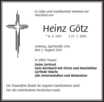 Traueranzeige von Heinz Götz von Frankenpost