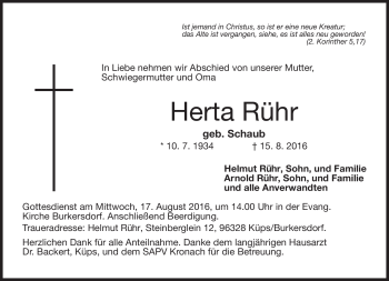 Traueranzeige von Herta Rühr von Neue Presse Coburg