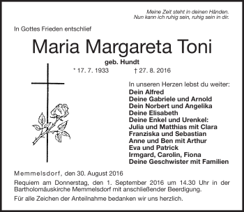 Traueranzeige von Maria Toni von Neue Presse Coburg
