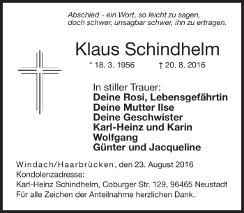 Traueranzeige von Klaus Schindhelm von Neue Presse Coburg