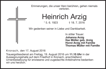 Traueranzeige von Heinrich Arzig von Neue Presse Coburg
