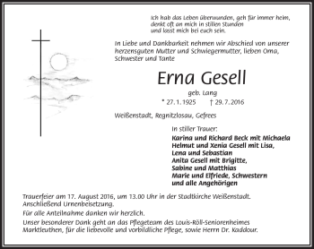 Traueranzeige von Erna Gesell von Frankenpost