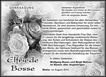 Traueranzeige von Elfriede Bosse von Südthüringer Presse