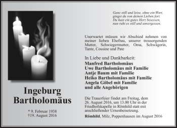 Traueranzeige von Ingeburg Bartholomäus von Südthüringer Presse