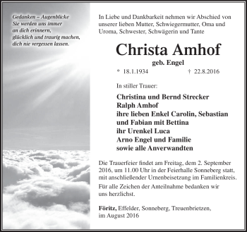 Traueranzeige von Amhof Christa von Südthüringer Presse