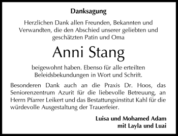 Traueranzeige von Anni Stang von Neue Presse Coburg