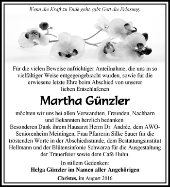 Traueranzeige von Martha Günzler von Südthüringer Presse