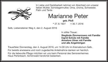 Traueranzeige von Marianne Peter von Frankenpost