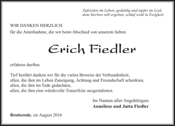 Traueranzeige von Erich Fiedler von Südthüringer Presse