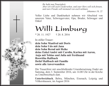Traueranzeige von Willi Limburg von Südthüringer Presse