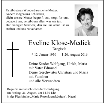 Traueranzeige von Eveline Klose-Medick von Frankenpost