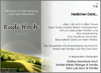 Traueranzeige von Rudi Hoch von Südthüringer Presse