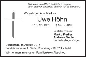 Traueranzeige von Uwe Höhn von Neue Presse Coburg
